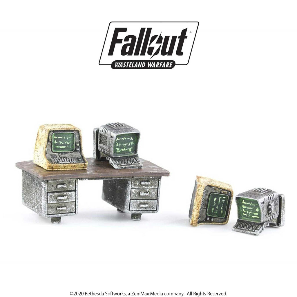 Fallout Wasteland Warfare Terminals miniatures: A weathered desk with four retro computers, two on top and two on the ground