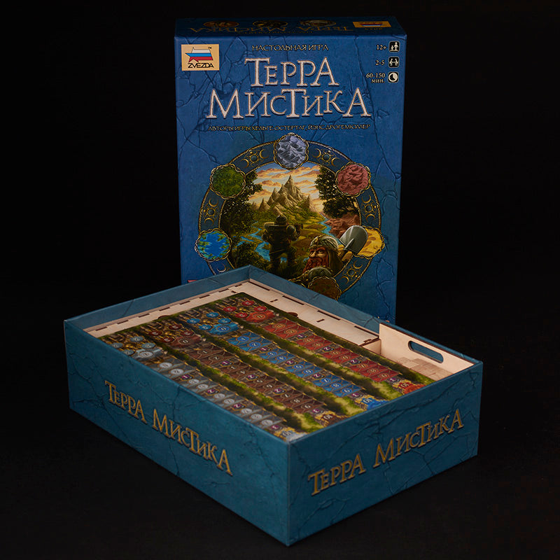 Terra Mystica game setup featuring Laserox insert with tokens and cards