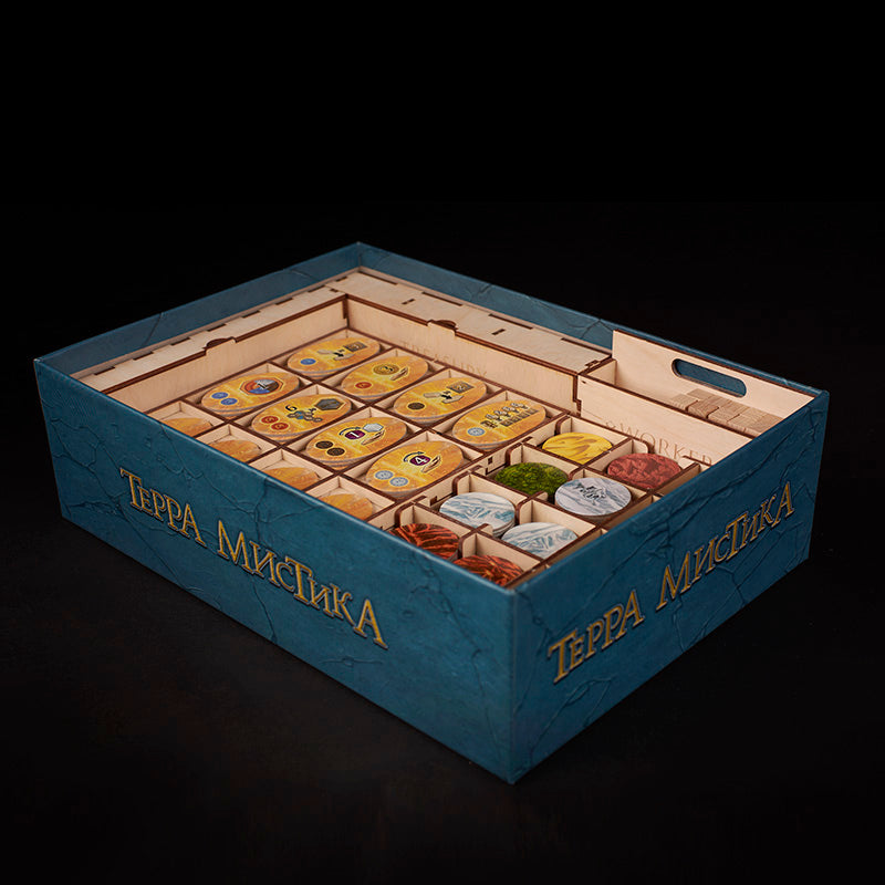 Terra Mystica board and components with Laserox insert visible