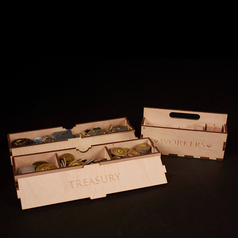 Close-up of Laserox insert holding Terra Mystica player pieces and cards