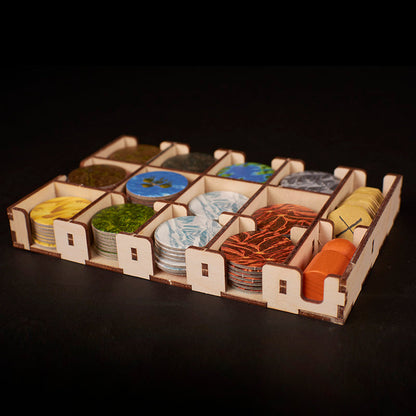 Laserox wooden organizer filled with Terra Mystica tokens and cards