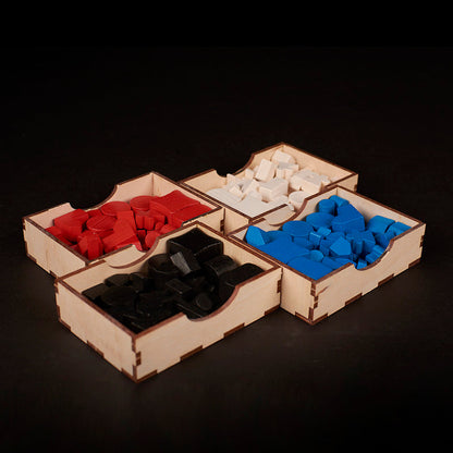 Detailed view of Laserox insert compartments with Terra Mystica game pieces