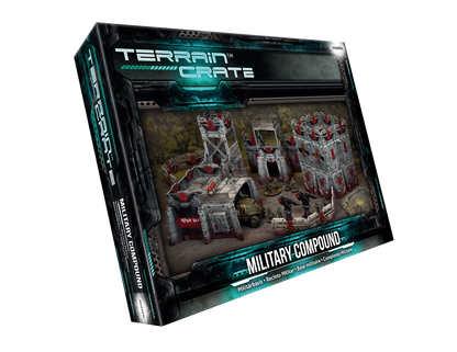 Terrain Crate Military Compound product box displaying modular wargame terrain: grey buildings, a vehicle, and soldiers