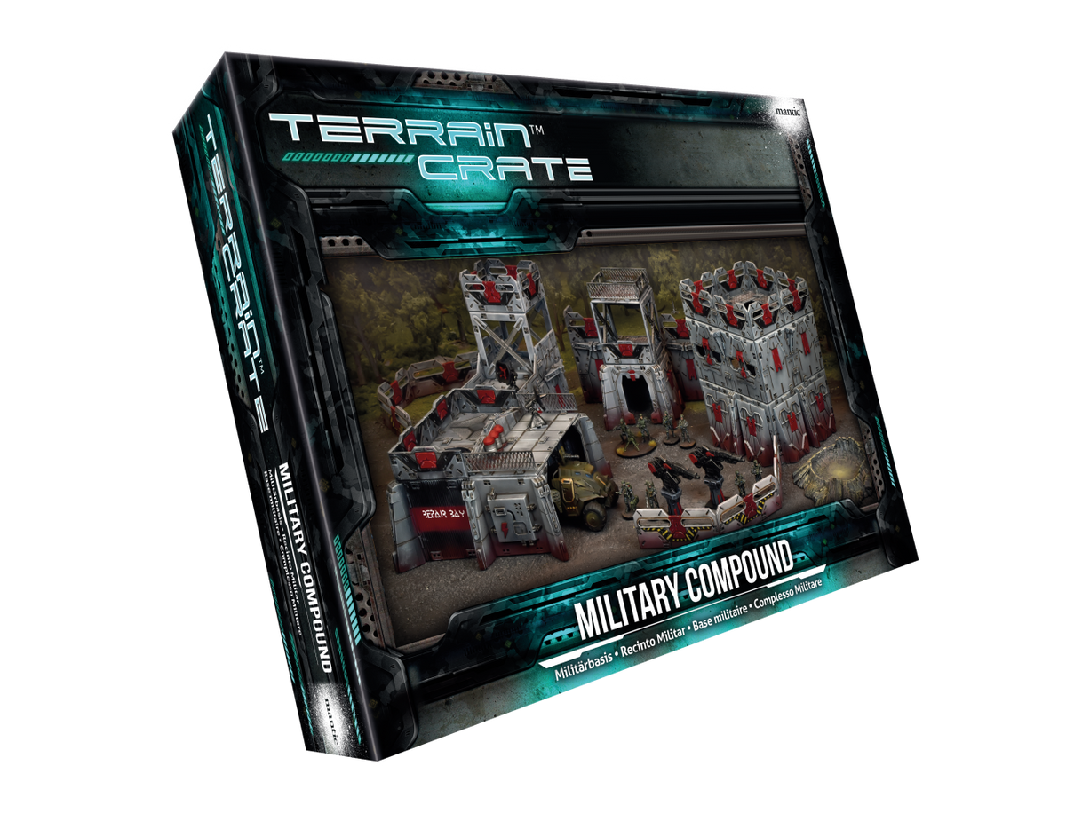 Terrain Crate Military Compound product box displaying modular wargame terrain: grey buildings, a vehicle, and soldiers