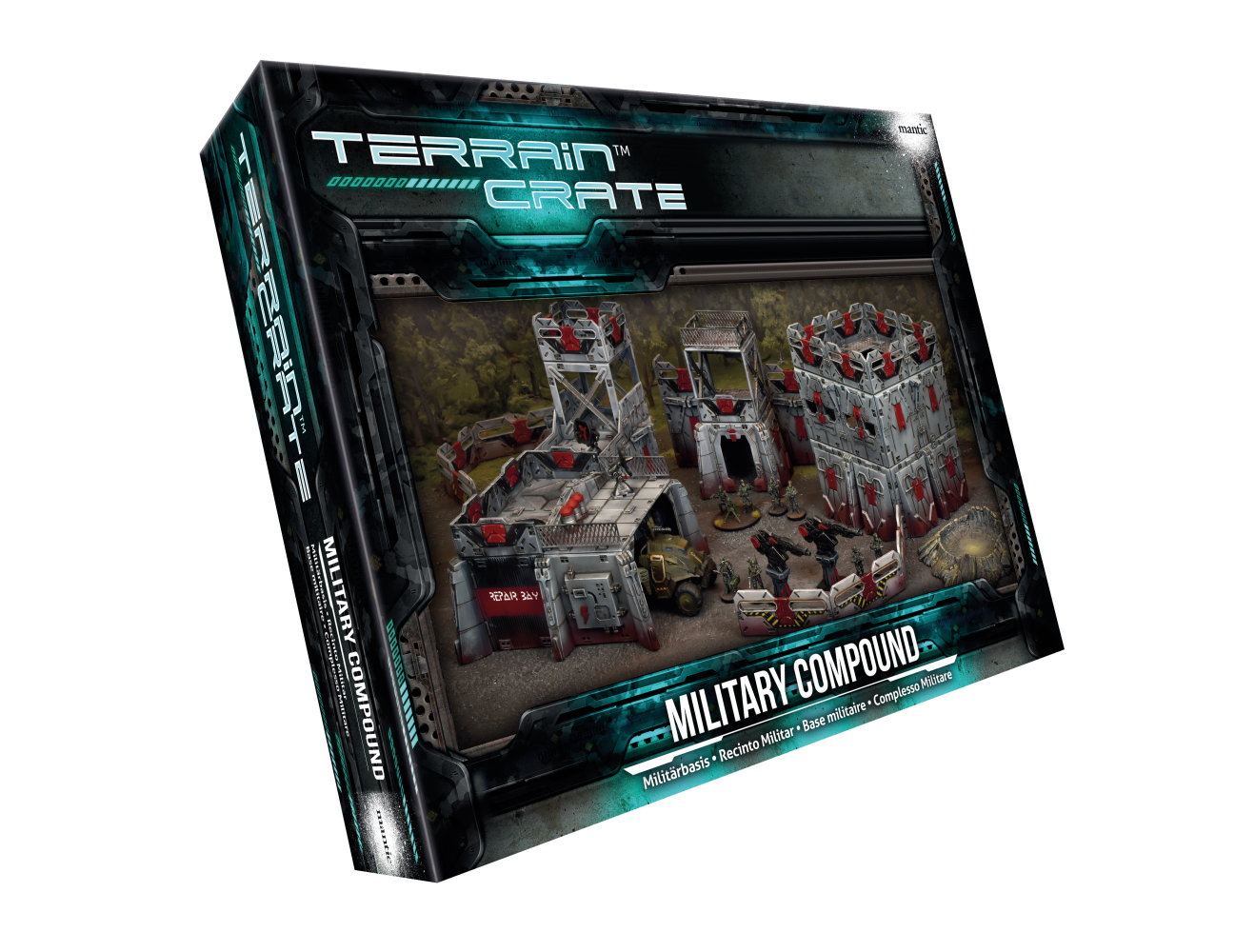 Terrain Crate Military Compound product box displaying modular wargame terrain: grey buildings, a vehicle, and soldiers