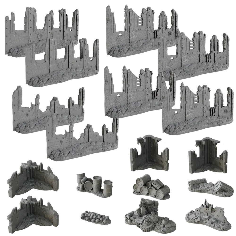 Collection of grey miniature ruined building walls, corners, barrels, skulls, and rubble terrain pieces