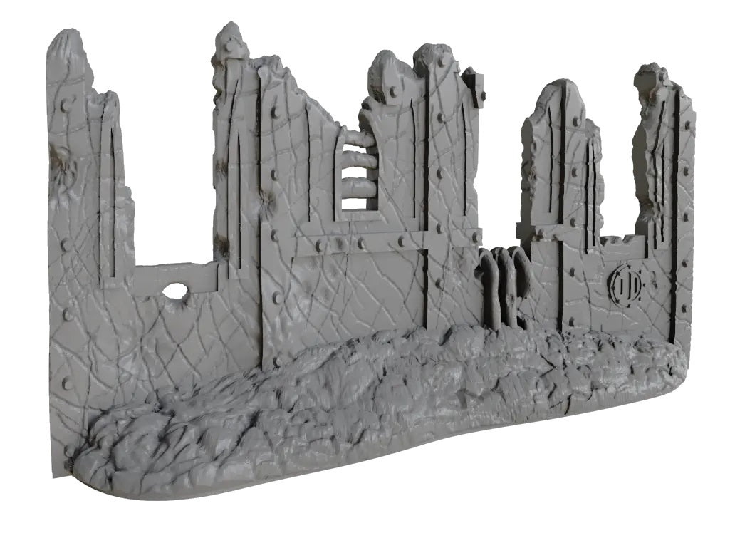 Grey, weathered industrial wall section with cracked textures, broken pillars, a barred window, and a rubble base