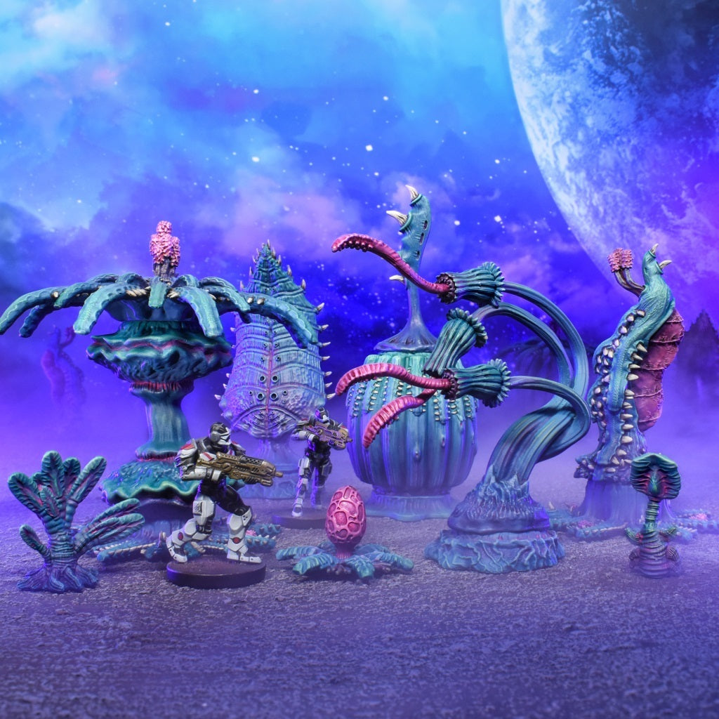 Armored soldier miniatures on a vibrant alien world with exotic, tentacled plants and a huge planet in a purple cosmic sky