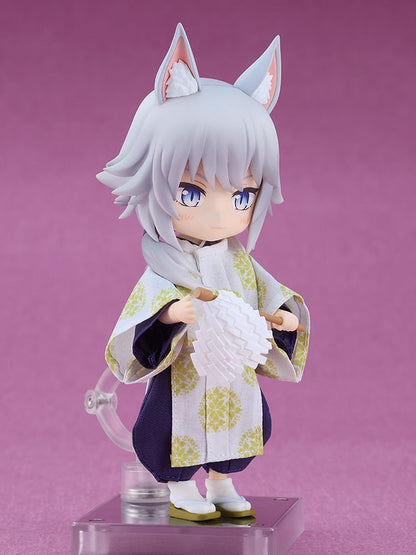 Nendoroid Doll Fox Kannushi Rei with white hair and blue eyes wearing a white and yellow kimono holding a white fan