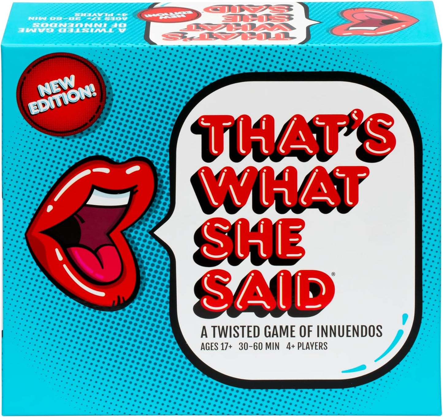 Blue "That's What She Said" game box with comic-style red open lips, title in a speech bubble, and "New Edition!" text
