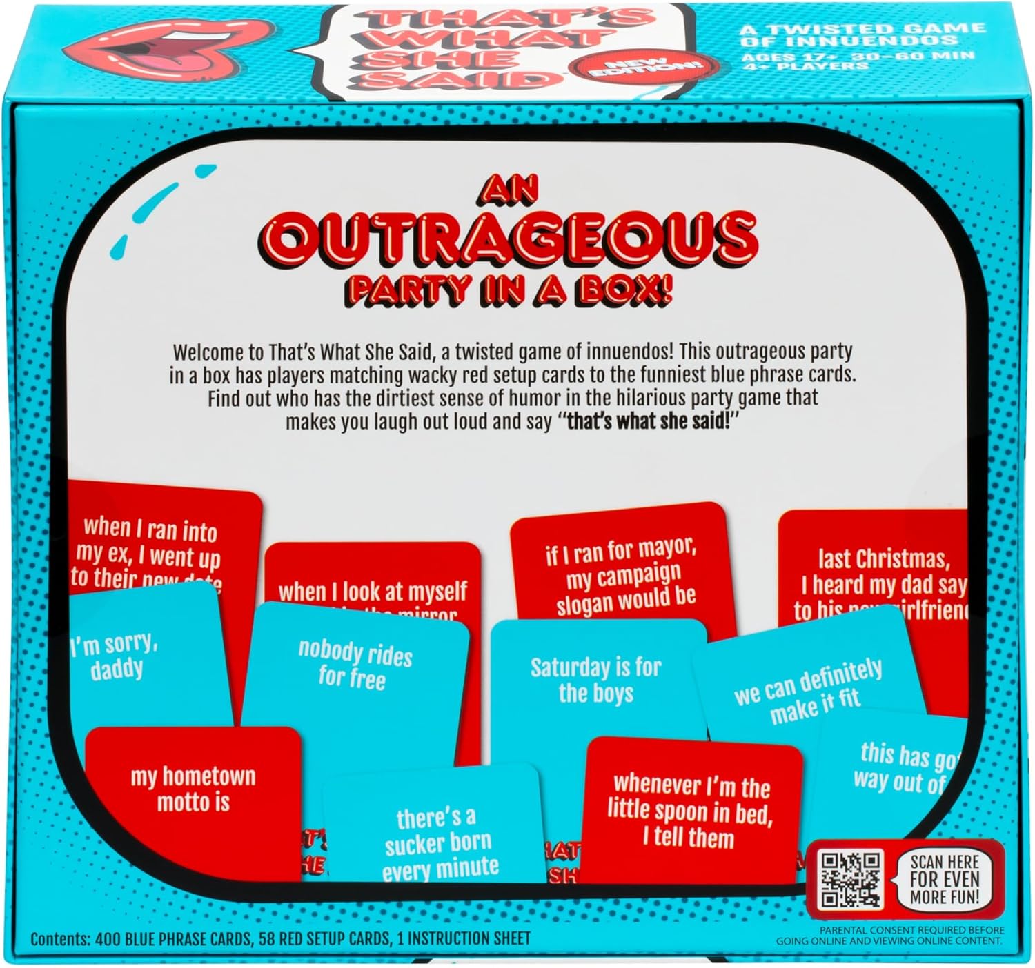 Back of 'That's What She Said' game box, a party game of innuendos, with red setup and blue phrase cards