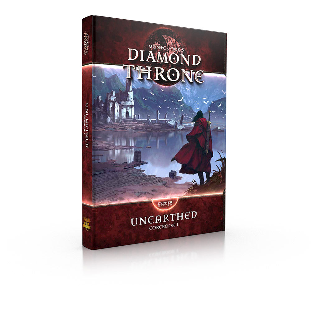 Monte Cook's Diamond Throne Unearthed Corebook 1. Cover: A red-cloaked figure faces distant ruins across water