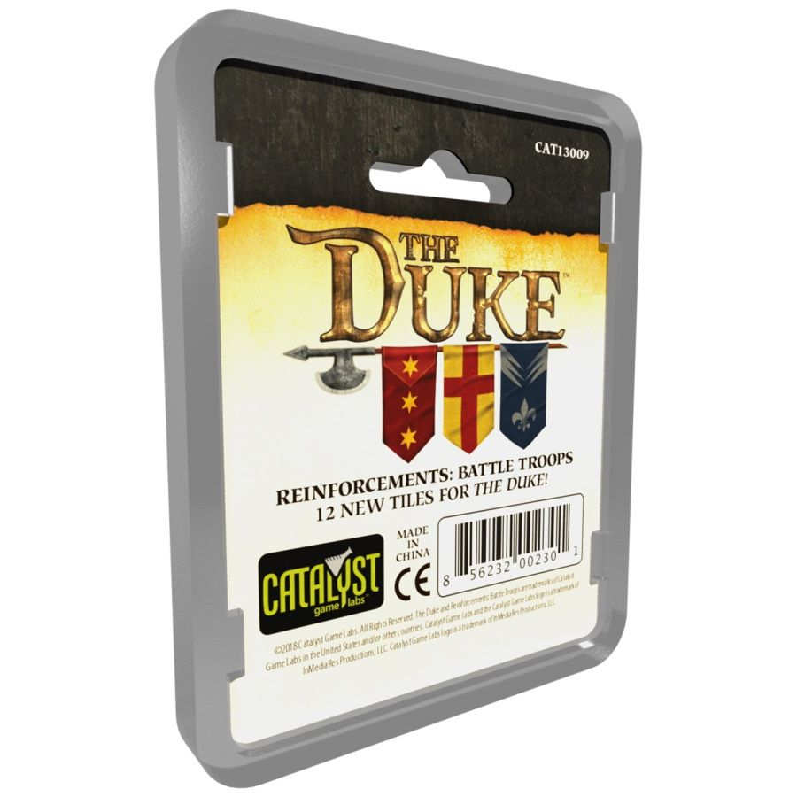 Plastic package for The Duke: Reinforcements Battle Troops game expansion, with medieval title art and 12 new tiles