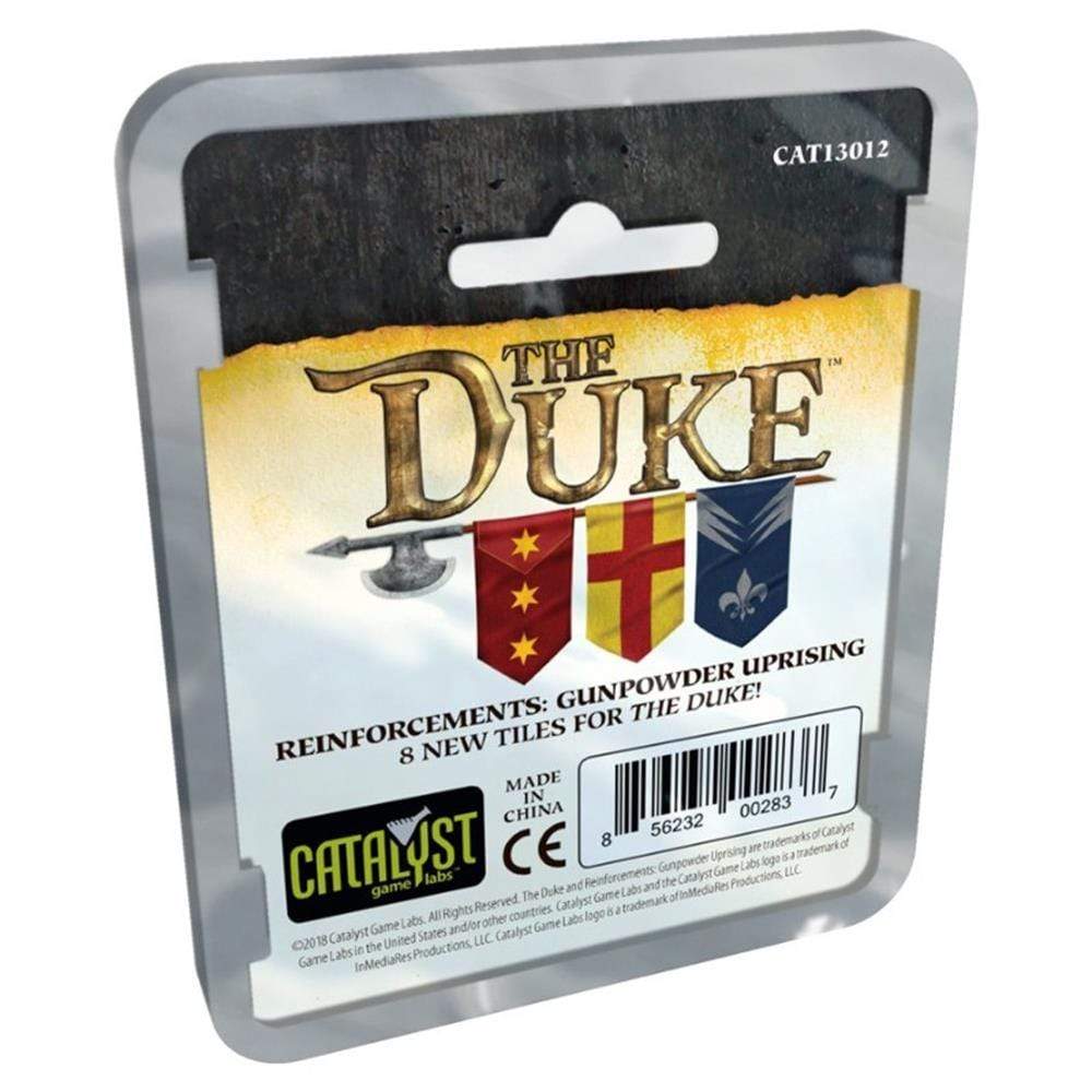 A blister pack for The Duke: Gunpowder Uprising board game expansion, adding 8 new tiles
