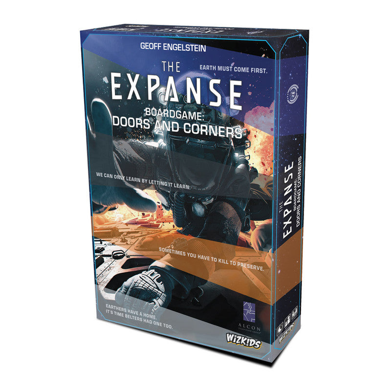 The Expanse: Doors and Corners board game box. A futuristic pilot reaches out from a space battle scene on the cover