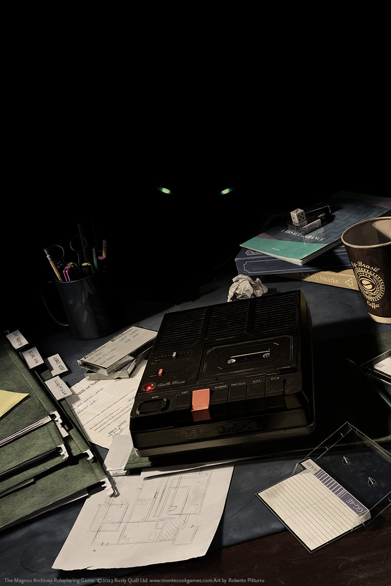 A dark desk scene with a cassette recorder, files, and papers. Two glowing green eyes peer from the darkness above