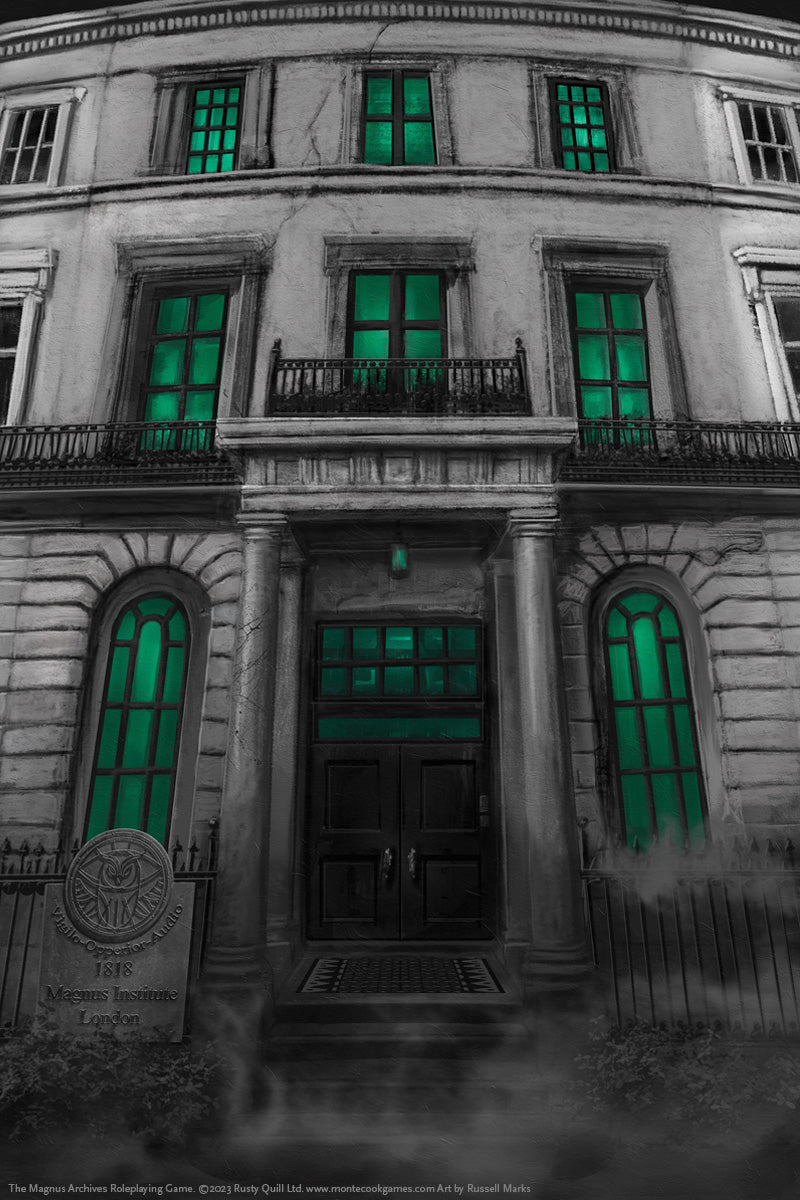 A monochrome, ominous building with many bright green glowing windows. A sign reads 'Magnus Institute London'