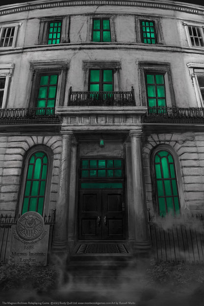 A monochrome, ominous building with many bright green glowing windows. A sign reads 'Magnus Institute London'
