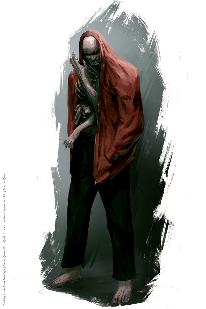 A gaunt, pale figure in a red hooded cloak with a sinister grin and clawed hand raised