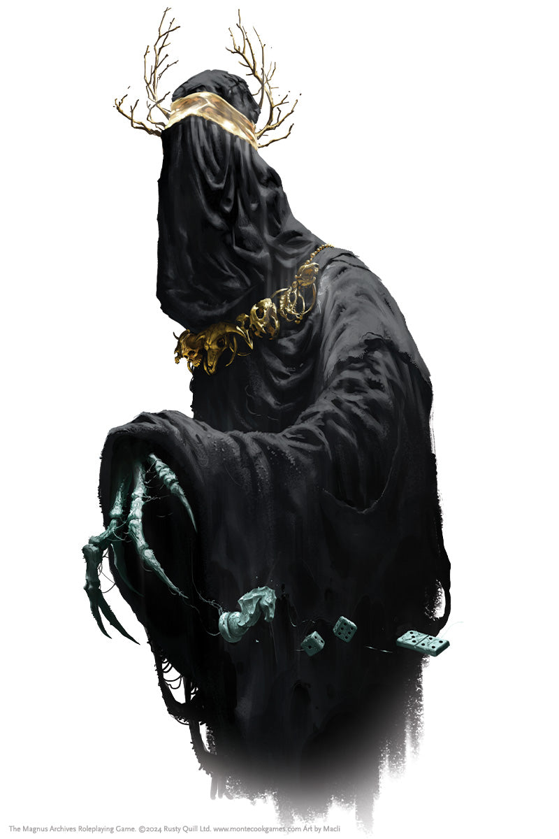 Blindfolded, dark robed figure with antler crown and clawed hand manipulating floating dice and game pieces