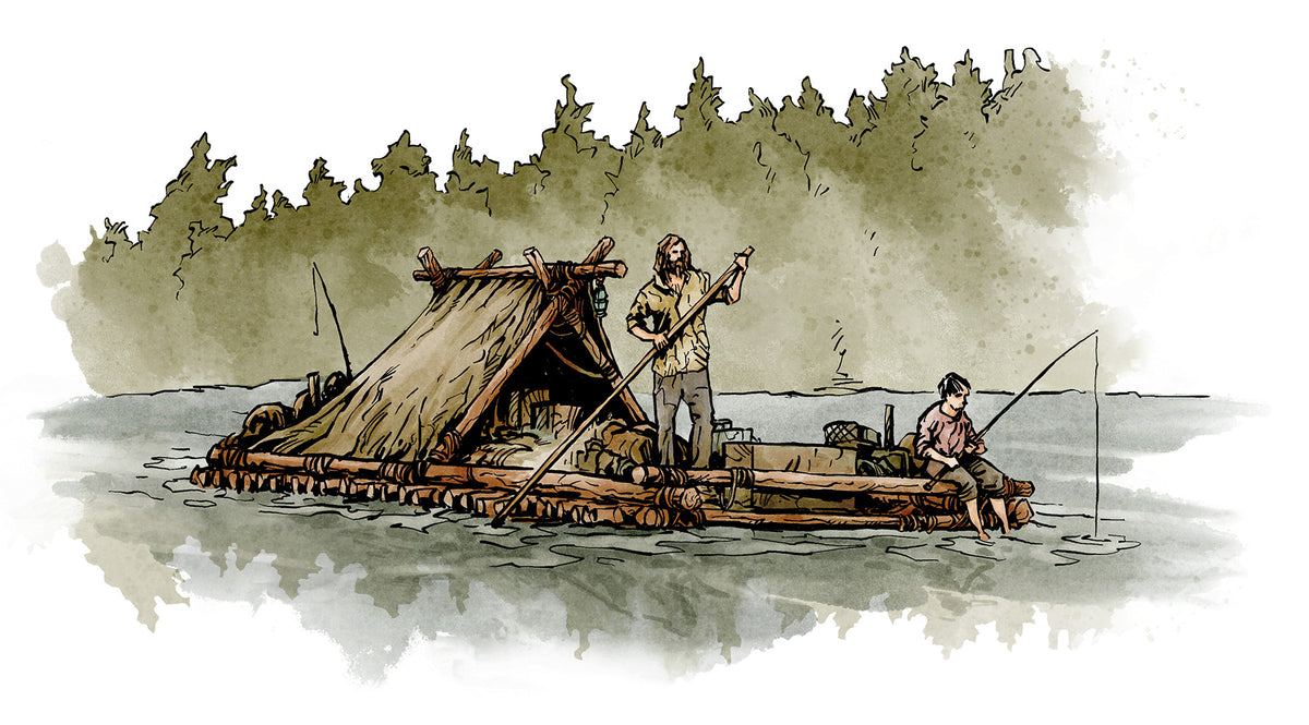 Illustration of a man poling a log raft with a tent, while a boy fishes Forested river