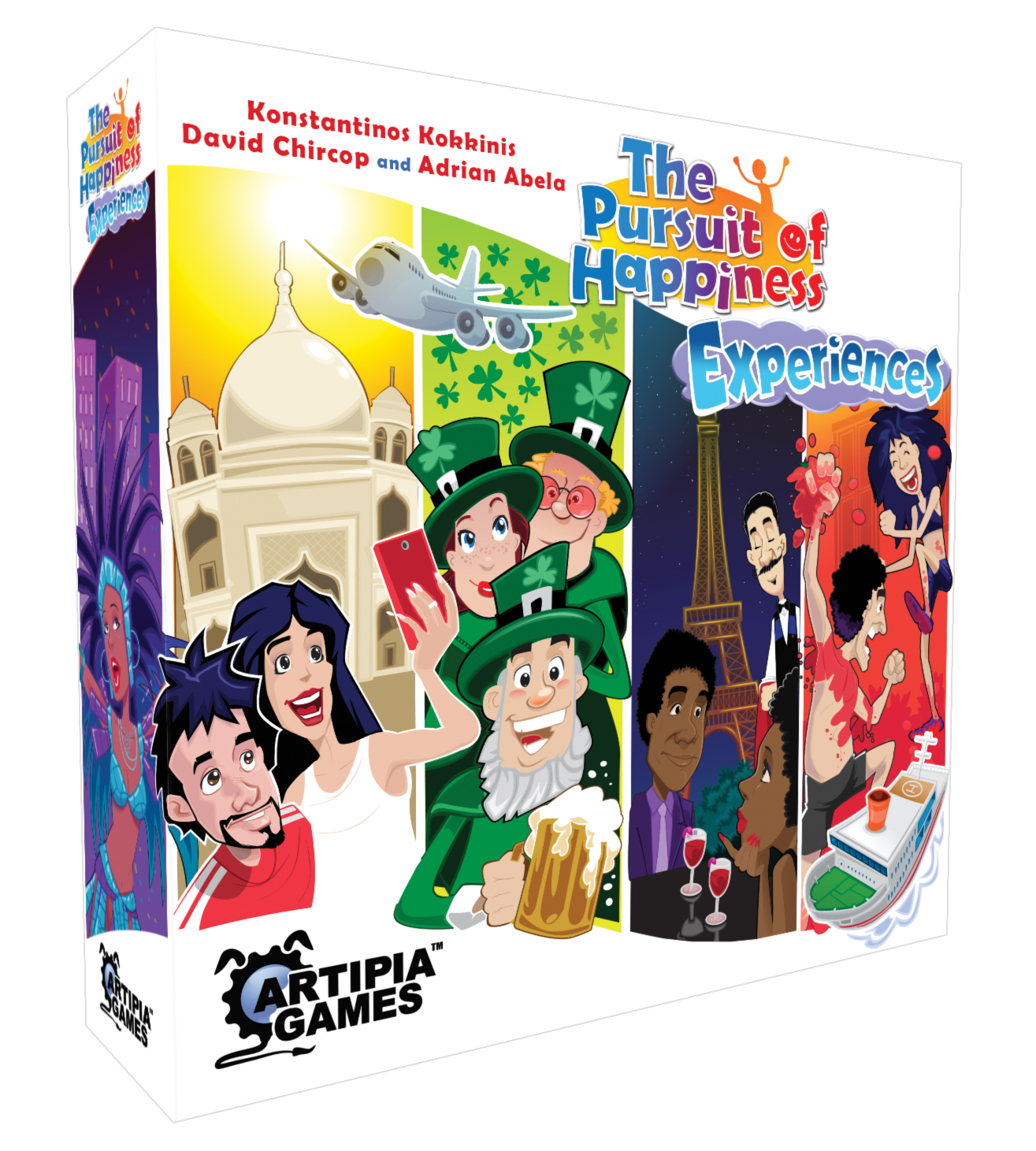 Box for "The Pursuit of Happiness: Experiences" board game, showing cartoon people enjoying diverse activities and world landmarks
