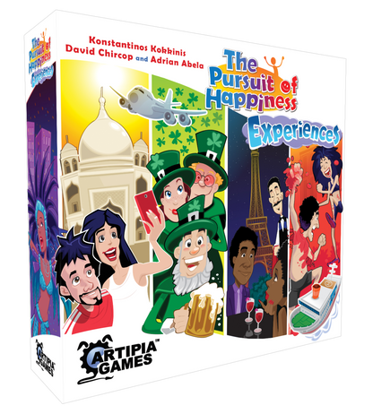 Box for "The Pursuit of Happiness: Experiences" board game, showing cartoon people enjoying diverse activities and world landmarks