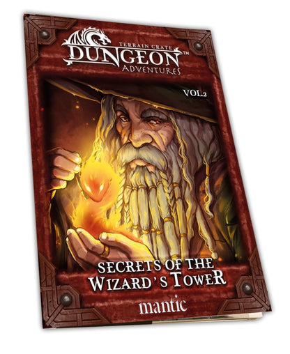 Book cover: A grey-bearded wizard in a hat holds a glowing fiery orb. Title: Dungeon Adventures Vol.2, Secrets of the Wizard's Tower