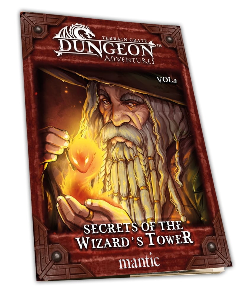 Book cover: A grey-bearded wizard in a hat holds a glowing fiery orb. Title: Dungeon Adventures Vol.2, Secrets of the Wizard&#39;s Tower