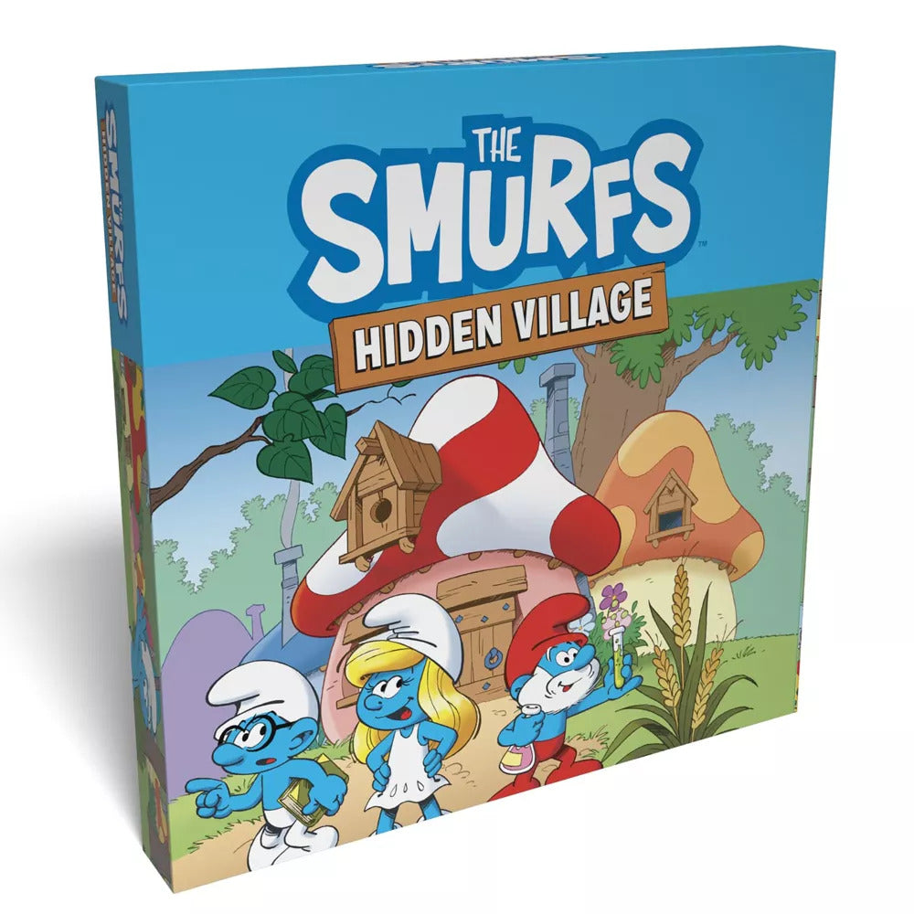 The Smurfs: Hidden Village game box shows Brainy Smurf pointing, Smurfette, and Papa Smurf holding a test tube near mushroom houses.