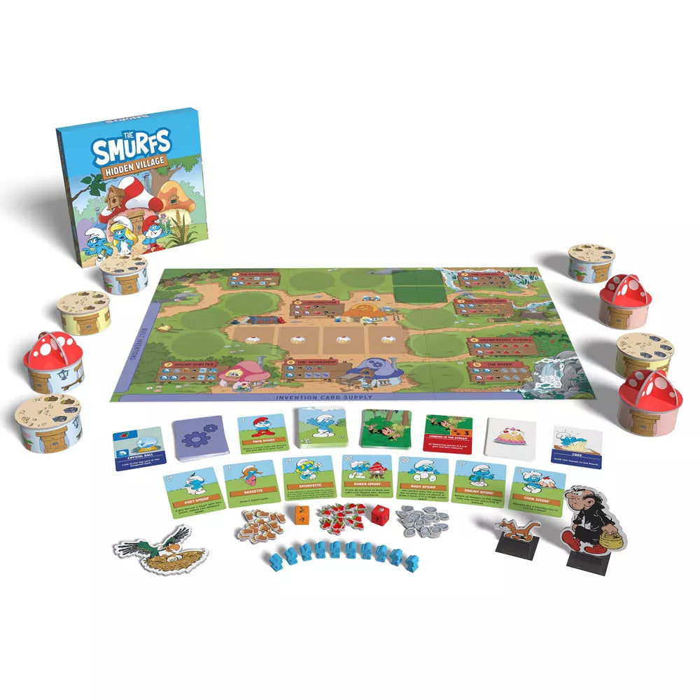 The Smurfs Hidden Village board game set up: box, board, cards, Smurf pawns, and mushroom houses.