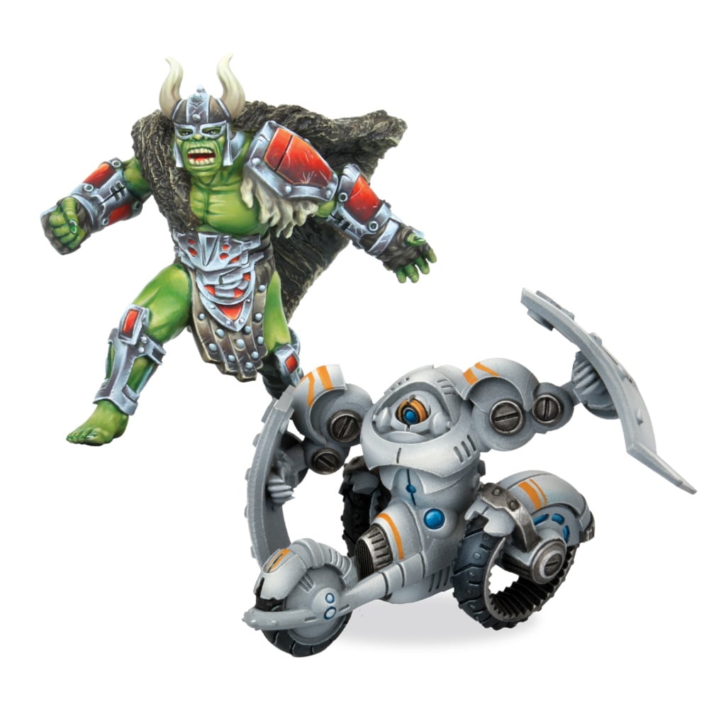 Miniatures of Viking and Barricade posed on a futuristic arena board