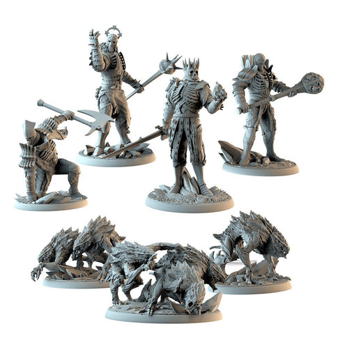 The Witcher Old World - Wild Hunt miniature set features five skeletal warriors three standing with weapons and two dynamic poses plus three snarling wolf-like creatures on terrain bases
