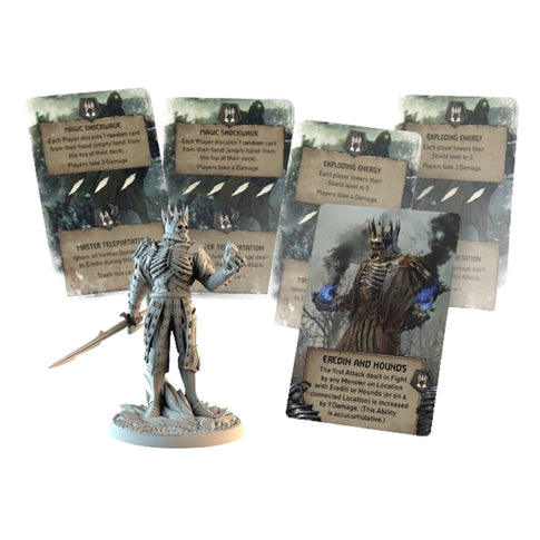 The Witcher Old World Wild Hunt expansion miniatures and game cards featuring the Eredin and Hounds figure and ability cards