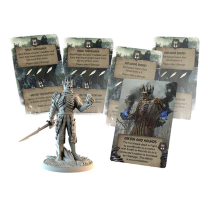 The Witcher Old World Wild Hunt expansion miniatures and game cards featuring the Eredin and Hounds figure and ability cards