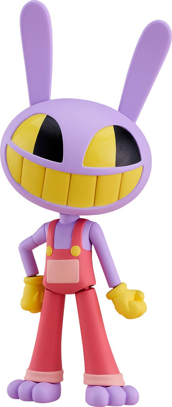 Purple rabbit character Jax action figure, with a wide yellow smile, pink overalls, and yellow hands