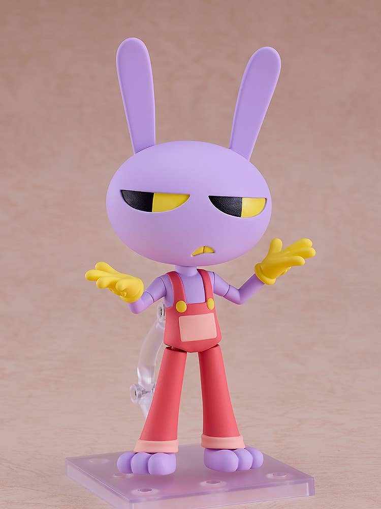 Purple rabbit-like figure in red overalls and yellow gloves, hands up, with a disgruntled expression