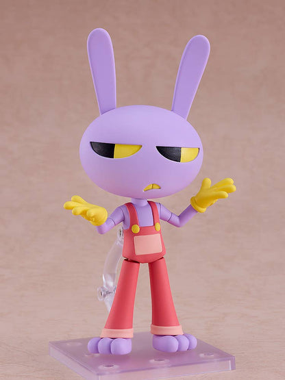 Purple rabbit-like figure in red overalls and yellow gloves, hands up, with a disgruntled expression