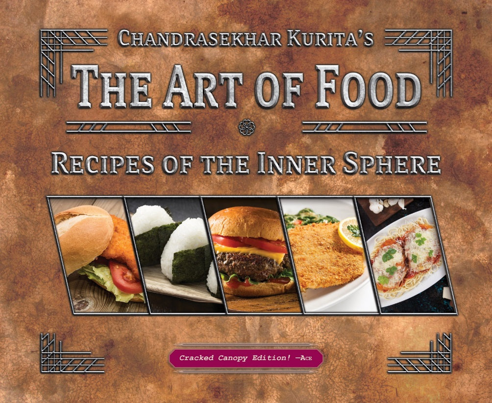 Cookbook cover for "The Art of Food," showing diverse dishes: sandwich, onigiri, burger, cutlet, and pasta.