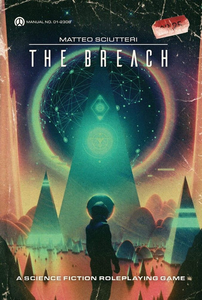 The Breach RPG cover: Astronaut on a vibrant alien landscape looks up at a glowing, networked planet