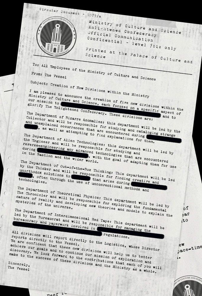 Confidential Ministry of Culture and Science document announcing new divisions, with redacted text