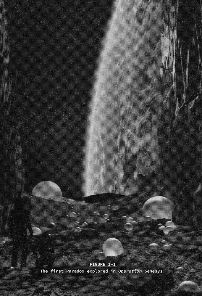 Black & white: Astronaut on a rocky moonscape with glowing orbs, gazing at a massive planet filling the sky