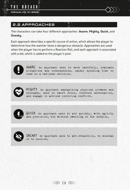 The BREACH manual page, section 2.2 APPROACHES, defining four strategies: Aware, Mighty, Quick, Sneaky