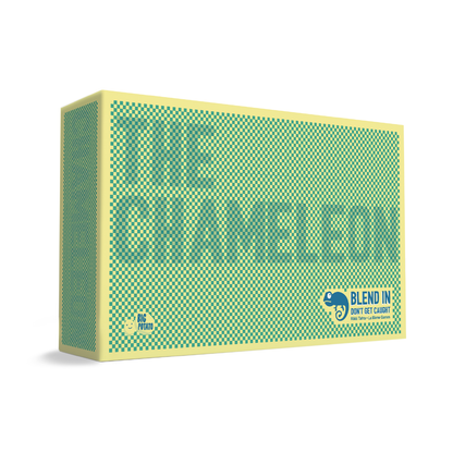 The Chameleon board game box, yellow and green checkerboard, with a chameleon logo and "Blend In" text