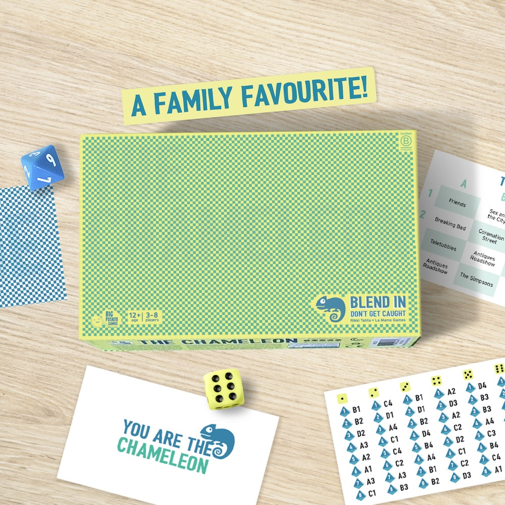 Overhead: 'The Chameleon' board game box, dice, and cards spread on a table, with a 'FAMILY FAVOURITE!' banner