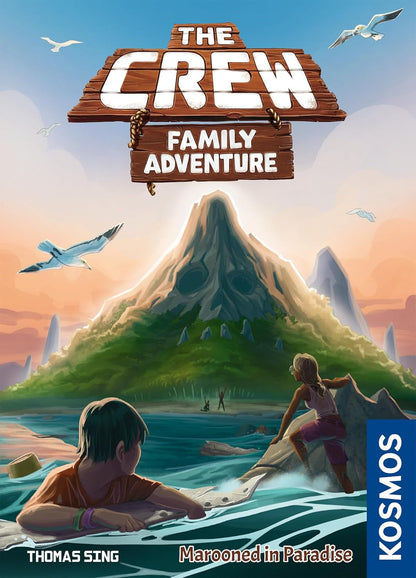 The Crew Family Adventure game cover, shipwrecked kids float near a lush, volcanic island with face-like caves