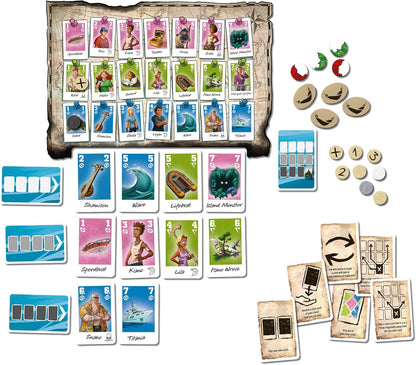 Overhead view of a board game with a pinned map, multiple decks of colorful character and item cards, and various round tokens
