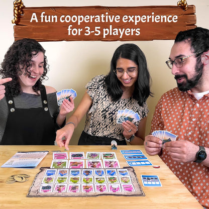 Three happy people playing a cooperative board game with cards & map on a wooden table