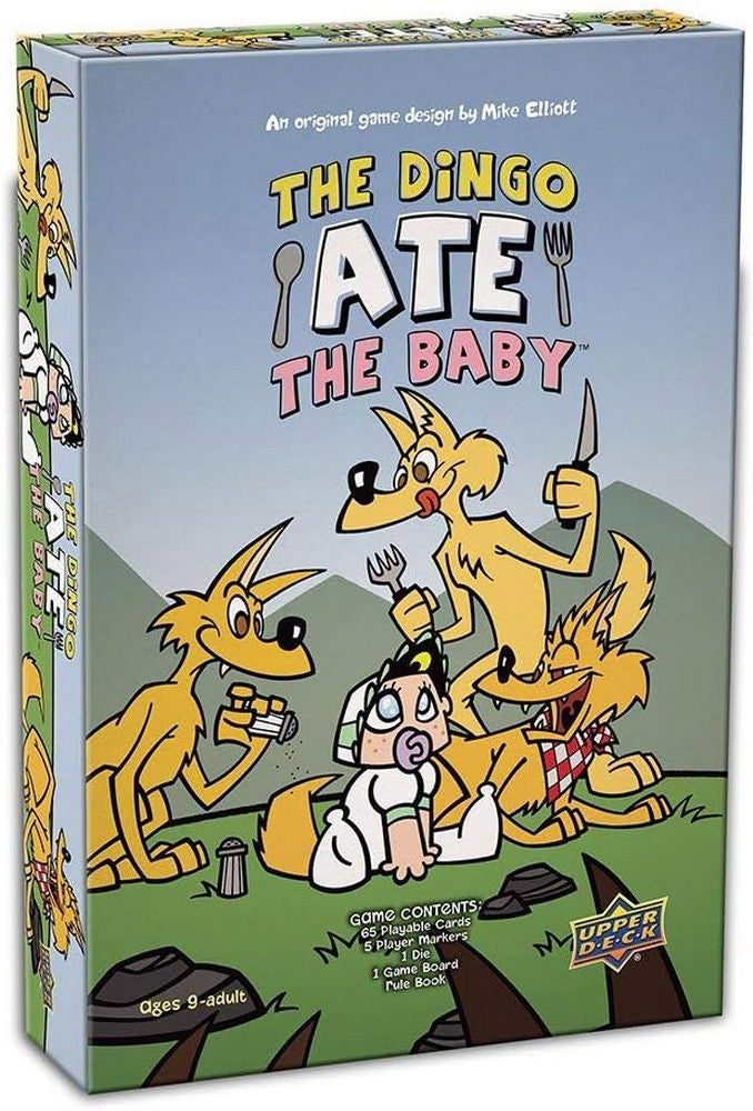 Box for 'The Dingo Ate The Baby' board game- Cartoon dingoes, some with cutlery, surround a baby in a diaper
