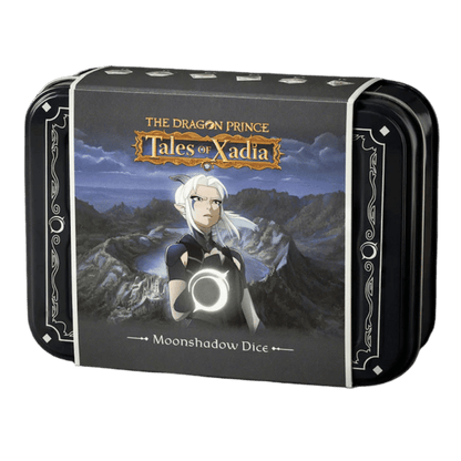 Black tin box for The Dragon Prince: Tales of Xadia Moonshadow Dice. Features white-haired elf Rayla on the dark landscape cover